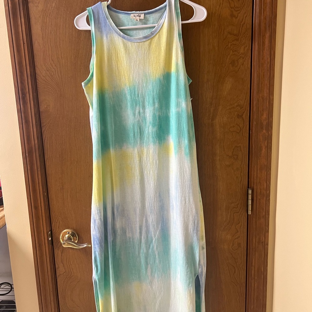LA MIEL Tie-Dye Midi Dress in Blue, Yellow, and Green